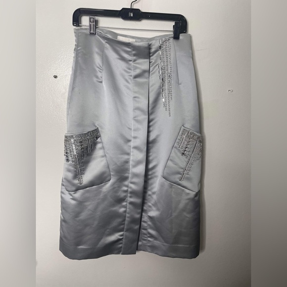 H&M Conscious Exclusive Clear Beads/Gems Silver Satin pencil Skirt - Picture 8 of 11